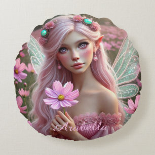 Beautiful October Fairy in Cosmos Round Cushion