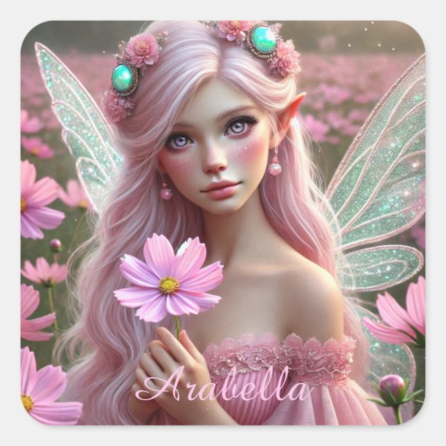 Beautiful October Fairy in Cosmos Square Sticker (Front)