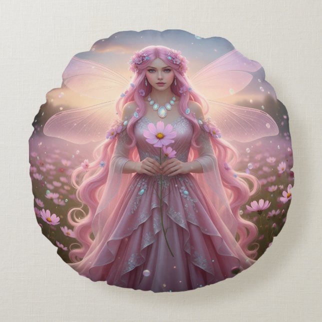 Beautiful October Opal Fairy Round Cushion (Front)