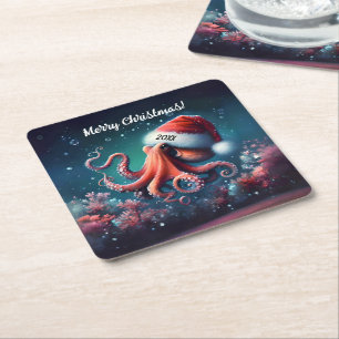 Beautiful Octopus in Santa Hat Square Paper Coaster