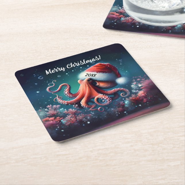 Beautiful Octopus in Santa Hat   Square Paper Coaster (Angled)