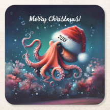 Beautiful Octopus in Santa Hat  