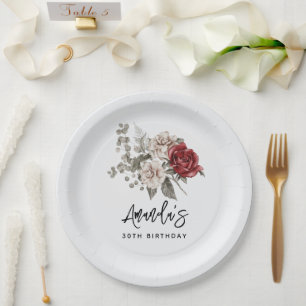 Beautiful Off-White & Red Roses Floral Birthday Paper Plate