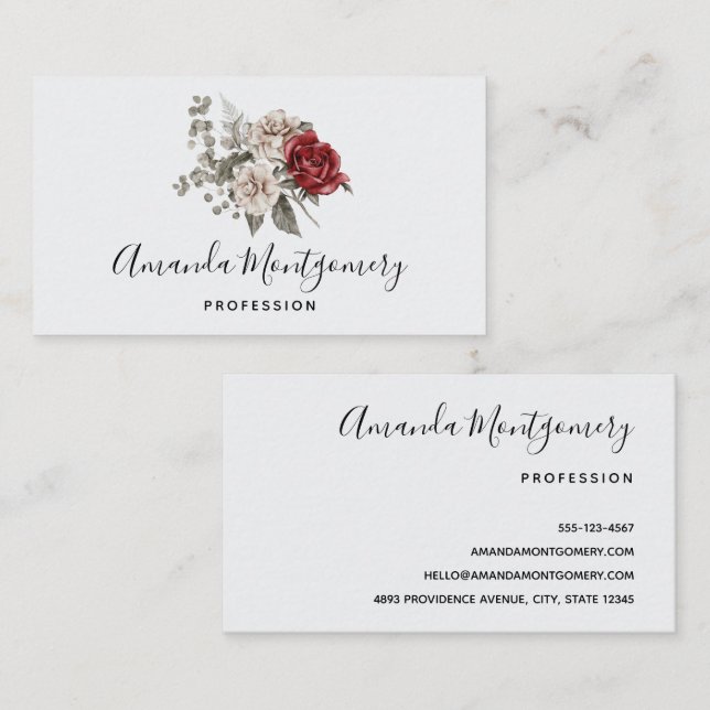 Beautiful Off-White & Red Roses Floral Bouquet Business Card (Front/Back)