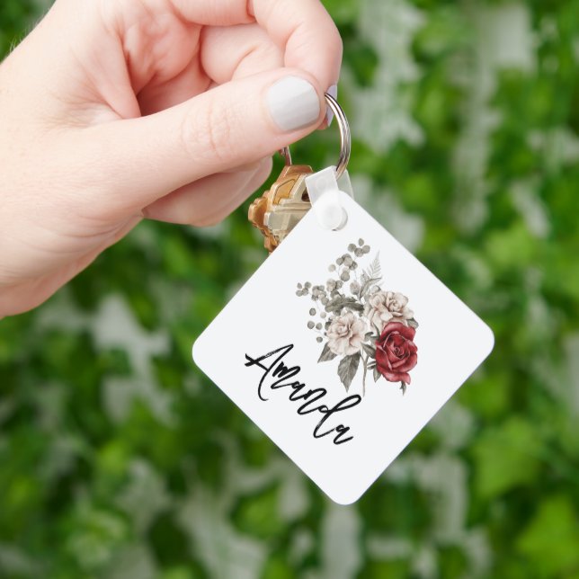 Beautiful Off-White & Red Roses Floral Bouquet Key Ring (Hand)