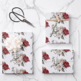 Beautiful Off-White & Red Roses Patterned Wrapping Paper Sheet