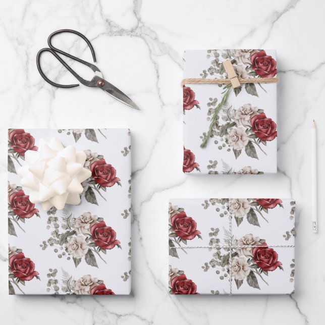 Beautiful Off-White & Red Roses Patterned Wrapping Paper Sheet (Front)