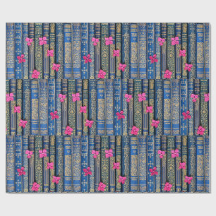 Beautiful Old Blue Book Spines (Pink Florets) Wrapping Paper