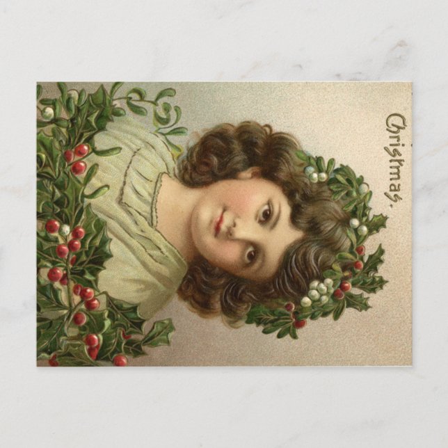 Beautiful Old Christmas Lithograph of Young Girl Postcard (Front)