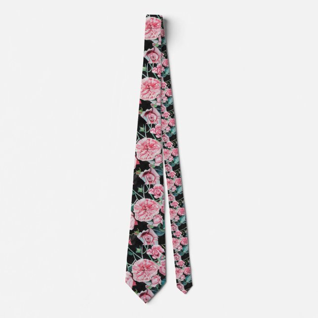 Beautiful Old Pink and Black Rose Mens Neck Tie (Front)