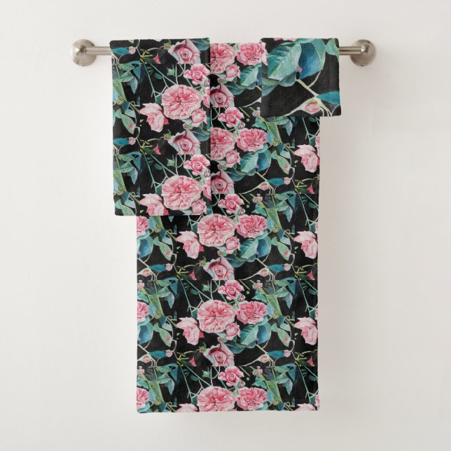 Beautiful Old Pink Roses Bathroom Towel Set (Insitu)