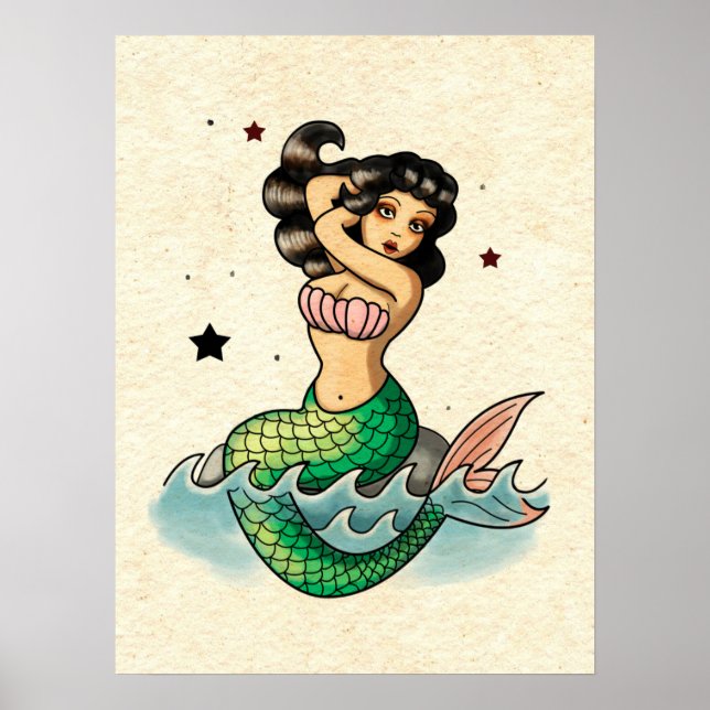Beautiful Old School Mermaid Poster (Front)