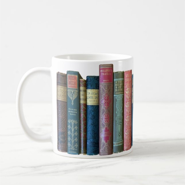 Beautiful old vintage books, book spines coffee mug (Left)