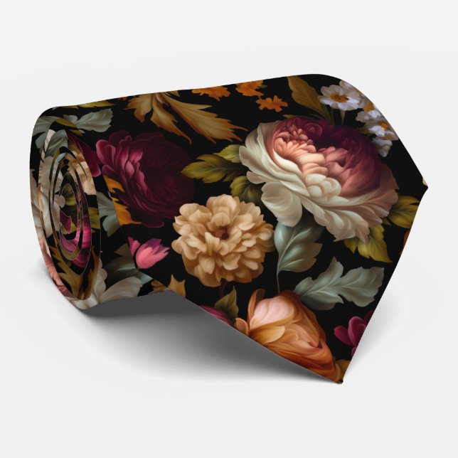 Beautiful Old World Floral on Black Wedding Tie (Rolled)