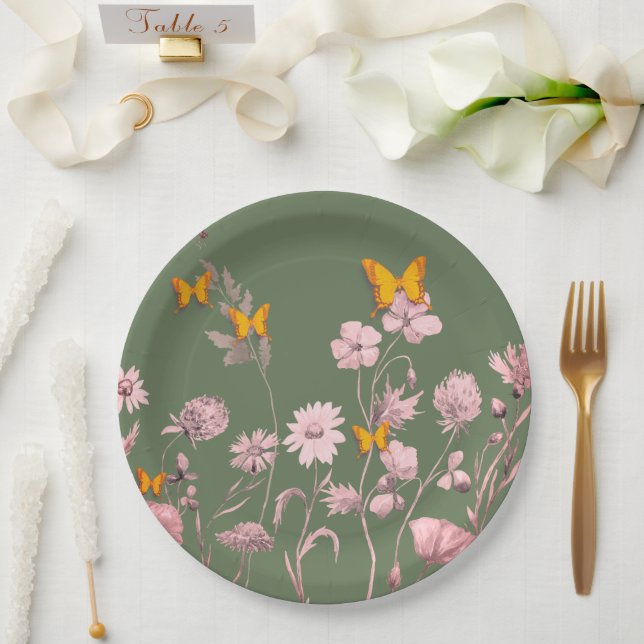 Beautiful olive and pink floral and butterfly  paper plate (Wedding)