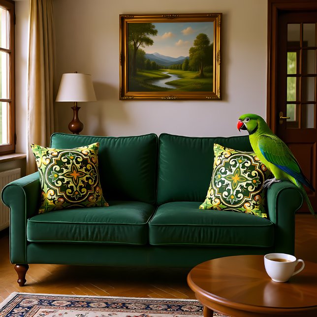 💚💛 Beautiful olive and yellow Azulejos  Cushion (Beautiful olive and yellow Azulejos Throw Pillow)