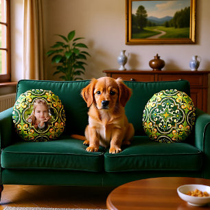 Beautiful olive and yellow Azulejos, custom photo  Round Cushion