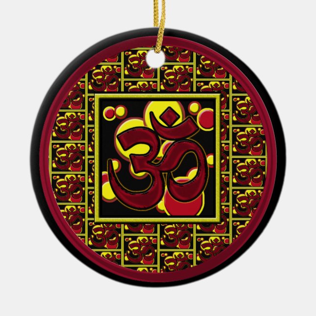 Beautiful Om Aum Symbol w/Circles and Squares Ceramic Tree Decoration (Front)