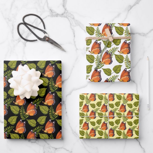 Beautiful Orange Butterfly Pattern Coordinated  Wrapping Paper Sheet (Front)