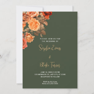 Beautiful Orange Floral Bouquet Green Wedding Invitation