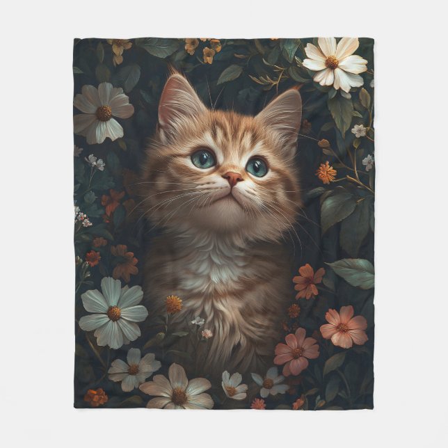 Beautiful Orange Kitten with Wildflowers Fleece Blanket (Front)