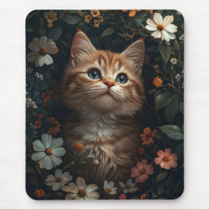 Beautiful Orange Kitten with Wildflowers Mouse Mat