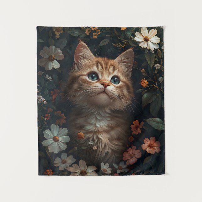 Beautiful Orange Kitten with Wildflowers Tapestry (Front)