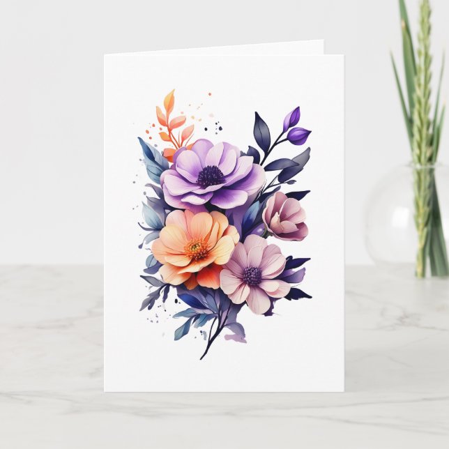 Beautiful Orange Purple Beige Flowers Blank  Card (Front)