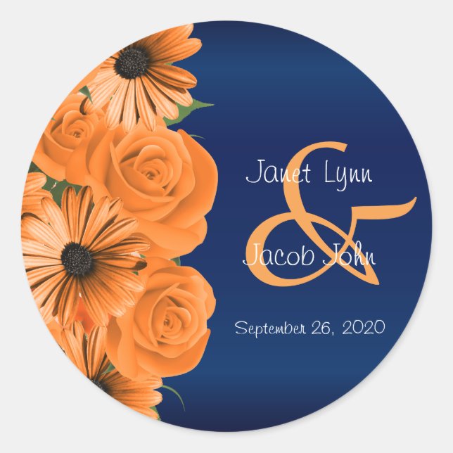 Beautiful Orange Rose and Navy Blue Wedding Classic Round Sticker (Front)