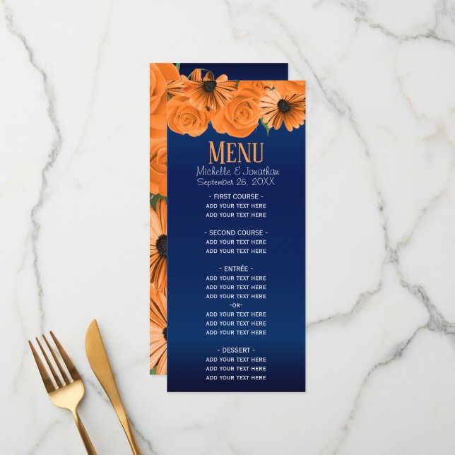 Beautiful Orange Rose and Navy Blue Wedding Menu (Front/Back In Situ)