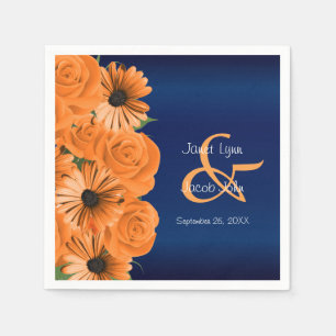 Beautiful Orange Rose and Navy Blue Wedding Napkin