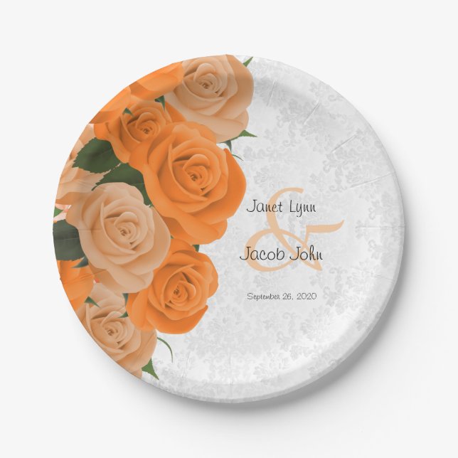 Beautiful Orange Rose and White Damask Wedding Paper Plate (Front)