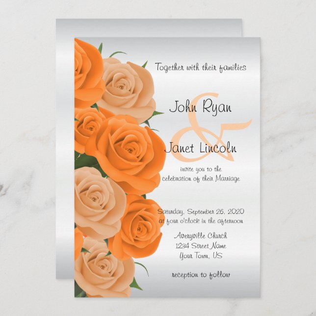Beautiful Orange Rose Flower Wedding Invitations (Front/Back)