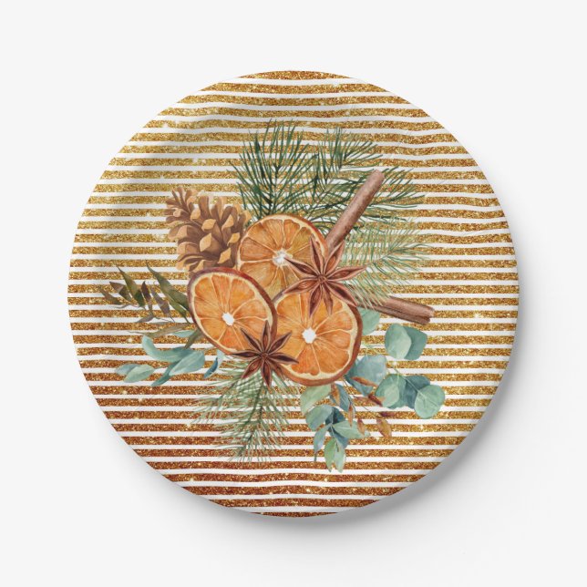 Beautiful Orange Slice Pine Bouquet Christmas  Paper Plate (Front)