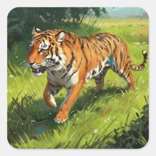 Beautiful Orange Tiger Running in Jungle Square Sticker