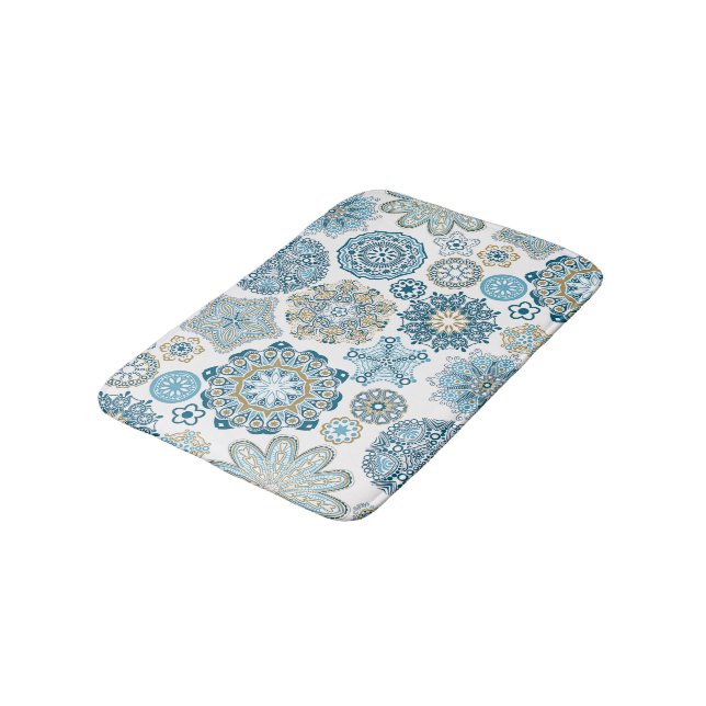Beautiful Ornate Blue Flower Mandala Pattern Bath Mat (Angled)