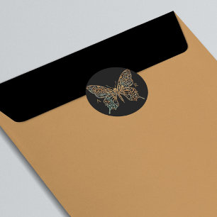 Beautiful Ornate Decorative Butterfly Logo Black Classic Round Sticker