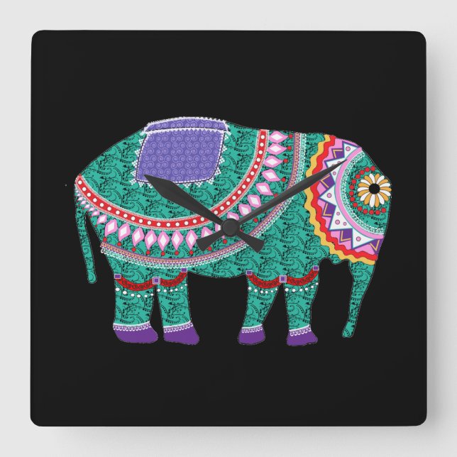 Beautiful Ornate Elephant Square Wall Clock (Front)