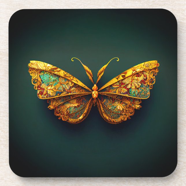 Beautiful Ornate Gold Green Teal Butterfly Coaster (Front)