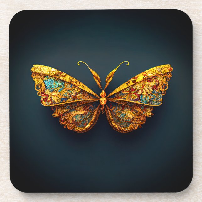 Beautiful Ornate Gold Teal Butterfly Coaster (Front)