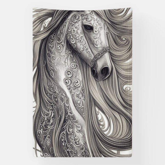 Beautiful Ornate Silver Grey Horse w/ Flowing Mane Banner (Vertical)