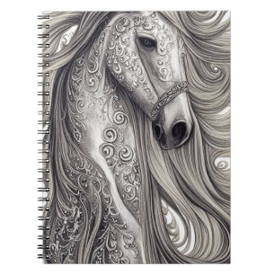 Beautiful Ornate Silver Grey Horse w/ Flowing Mane Notebook
