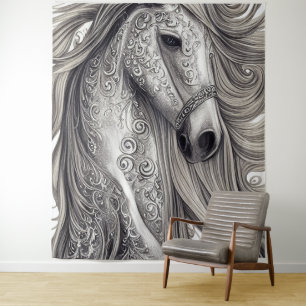 Beautiful Ornate Silver Grey Horse w/ Flowing Mane Tapestry