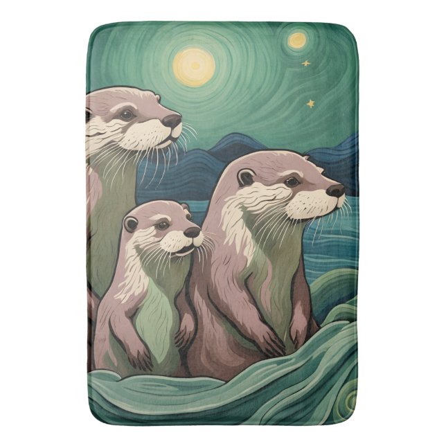 Beautiful Otter Family Van Gogh Style Bath Mat (Front Vertical)