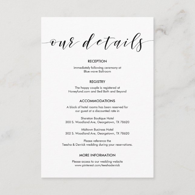 Beautiful Our Wedding Details, Black ink Enclosure Card (Front)