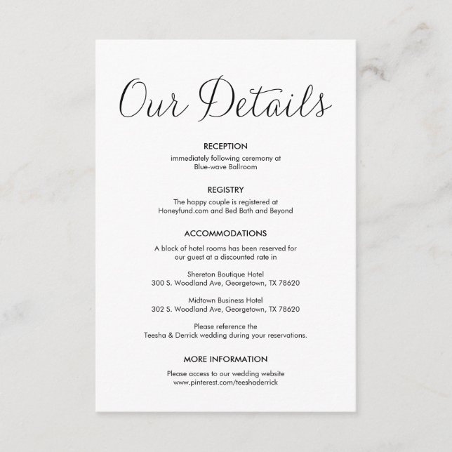 Beautiful Our Wedding Details, Classic Black ink Enclosure Card (Front)