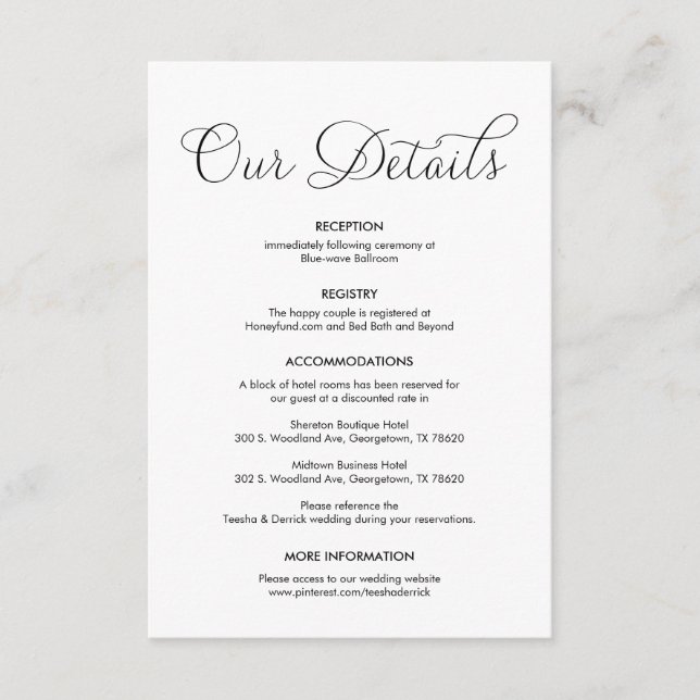 Beautiful Our Wedding Details, Classic Black ink Enclosure Card (Front)
