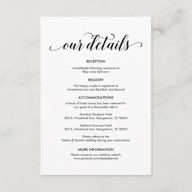 Beautiful Our Wedding Details, modern Black ink Enclosure Card (Front)