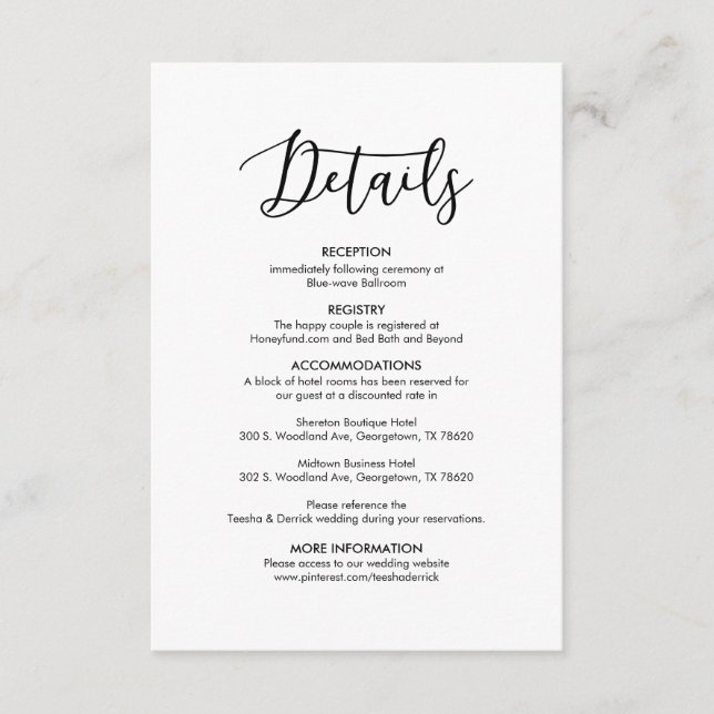 Beautiful Our Wedding Details Modern elegant Black Enclosure Card (Front)