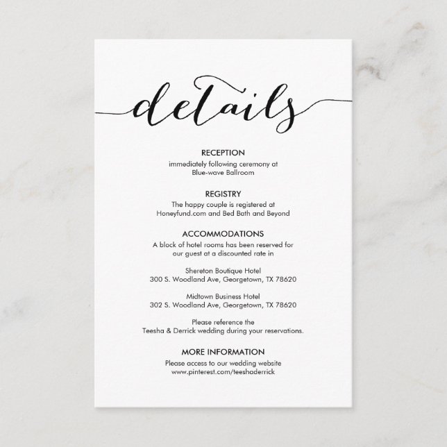 Beautiful Our Wedding Details Modern rustic Black Enclosure Card (Front)